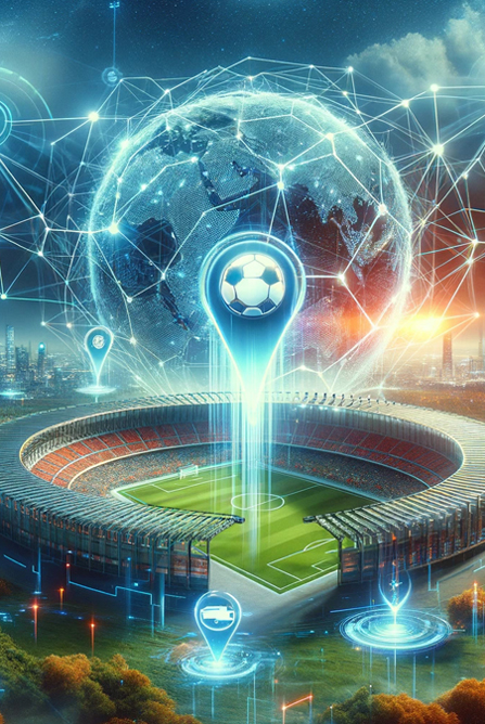 Dynamic landscape visualizing SOCALOCA's impact on football, featuring a futuristic stadium connected by digital networks to symbols representing TransferLoca, TalentLoca, JobsLoca, and SponsorLoca, highlighting the global reach and innovation of the platform.